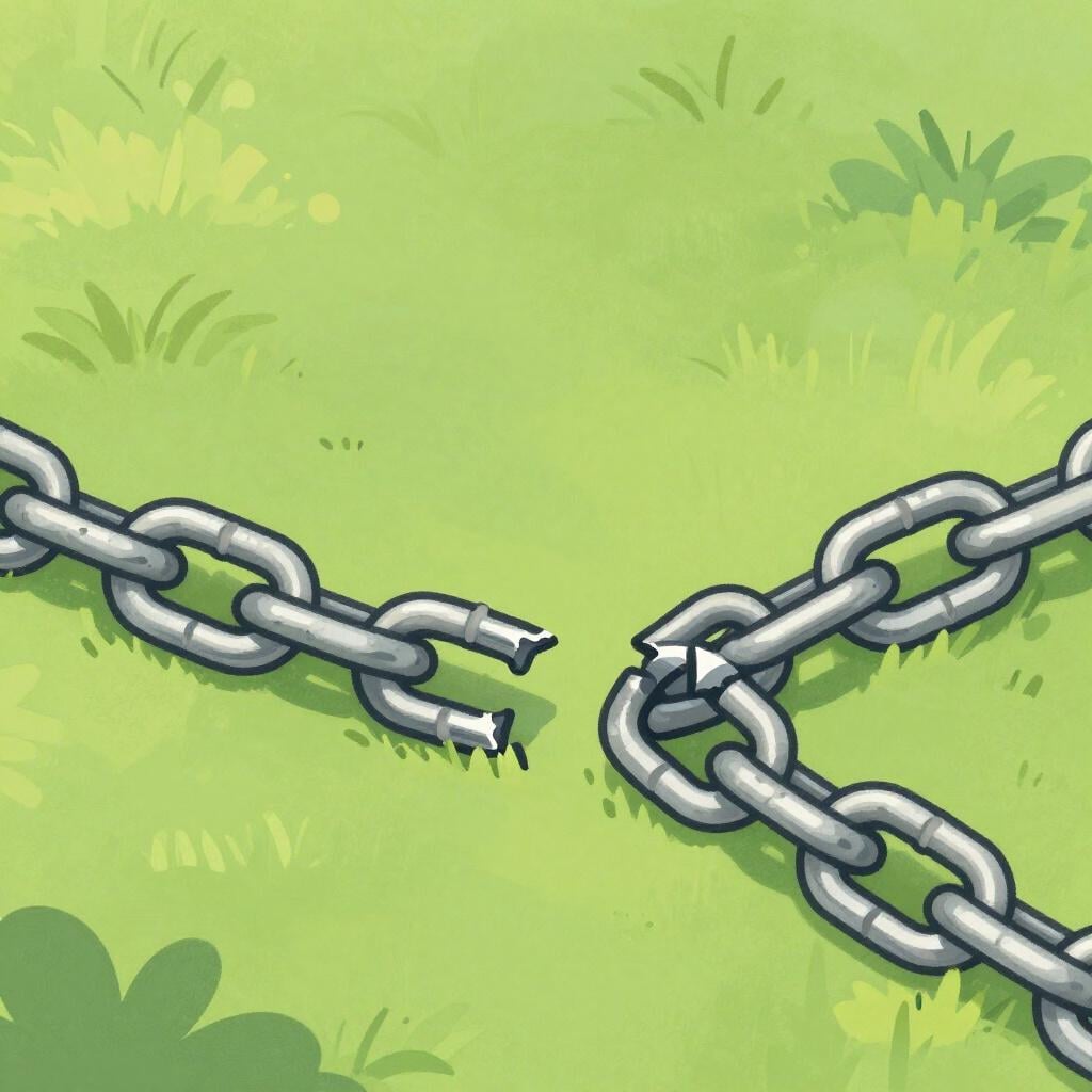 Een paar zware ijzeren kettingen met een grote, gebroken schakel, die onschadelijk op het gras liggen.