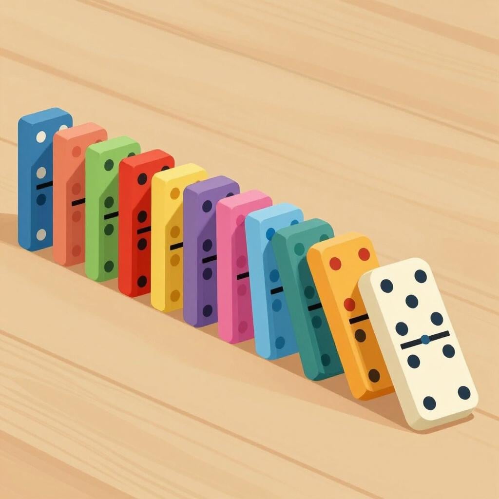 A row of dominoes falling over after the first one was pushed.