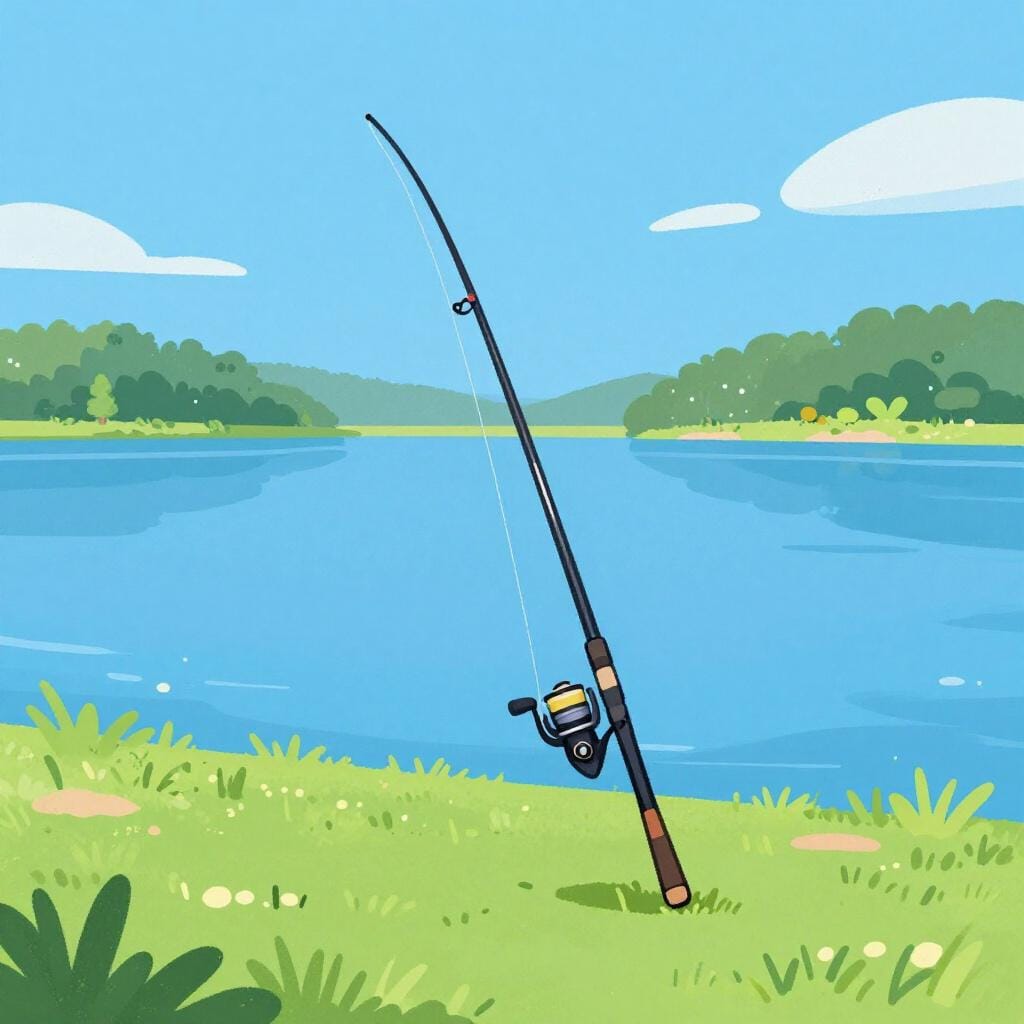 A long, slender fishing rod with a reel and line, leaning against a calm lake shore.