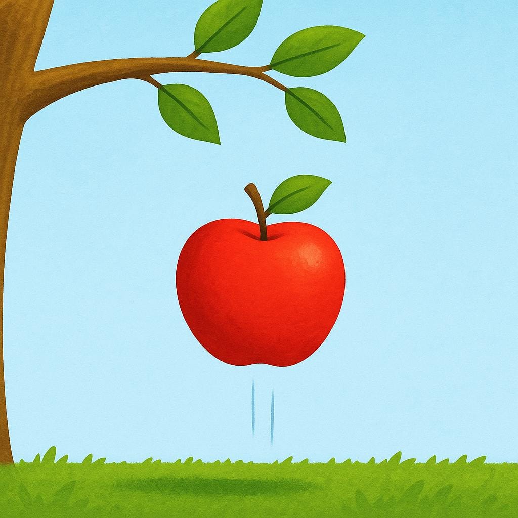A bright red apple suspended in mid-air, just starting to fall from a tree branch, illustrating the law of gravity.
