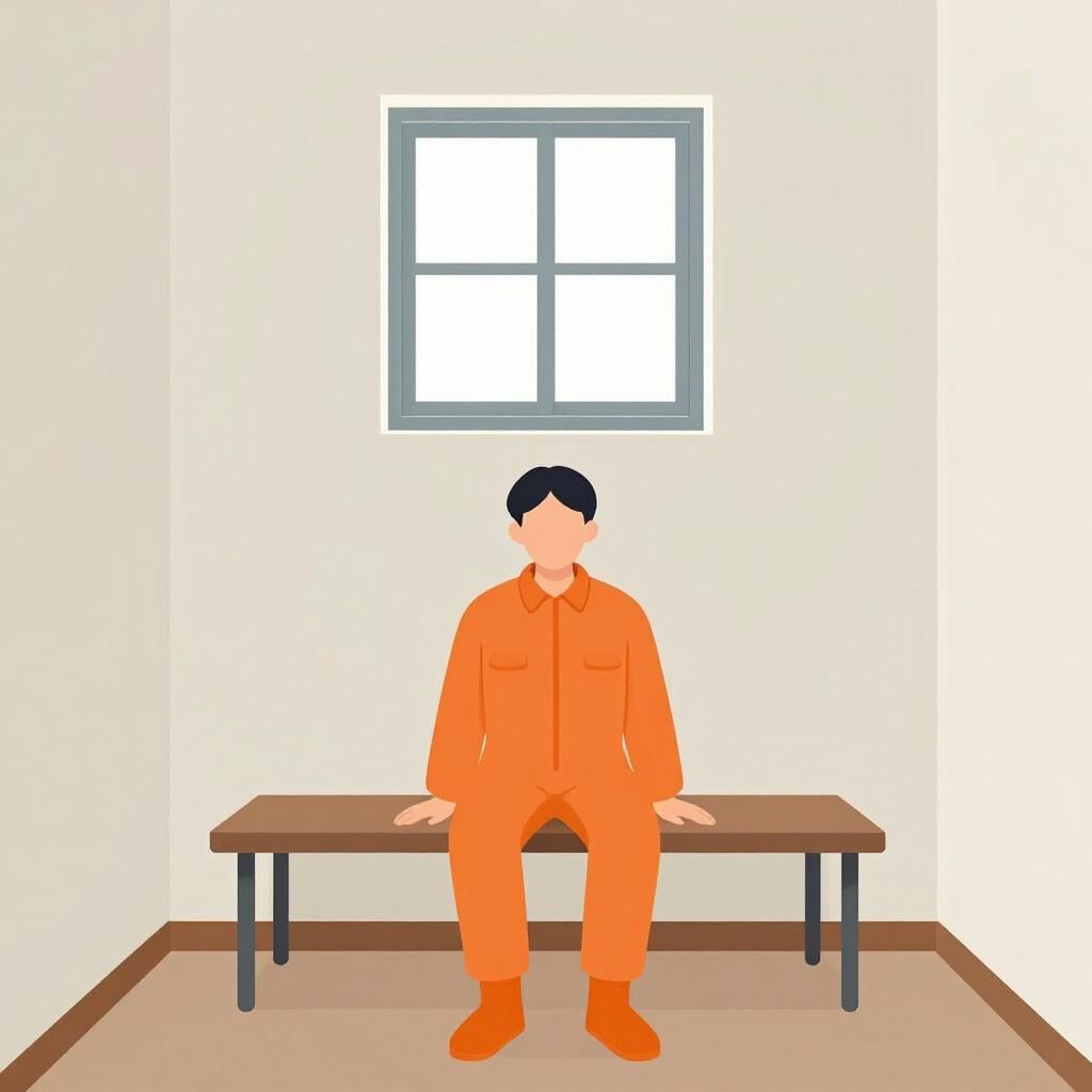 Une personne assise sur un banc simple en bois à l'intérieur d'une petite pièce sobre avec une seule fenêtre en hauteur.