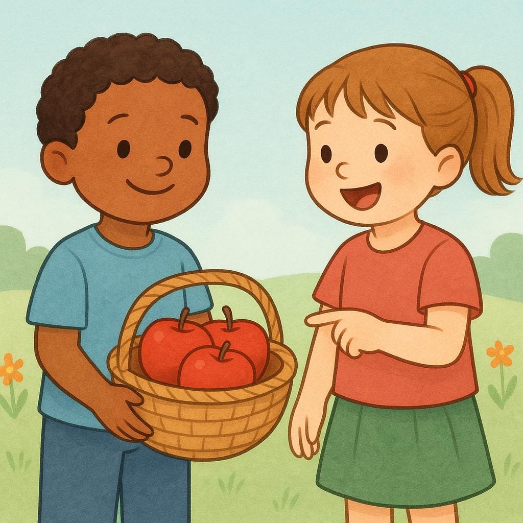 Une illustration colorée de livre d'histoires montrant deux enfants. Un enfant sourit en tenant un panier tressé rempli de trois pommes rouges. Le deuxième enfant pointe directement vers le panier, signifiant que les pommes appartiennent au premier enfant.