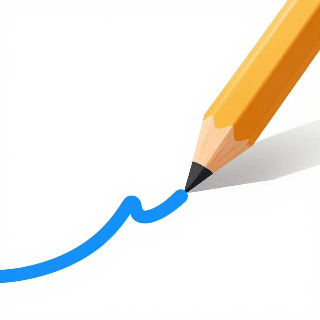 Een kleurrijke illustratie uit een prentenboek van een dikke, gladde blauwe lijn die met een groot houten potlood over een wit blad wordt getrokken.