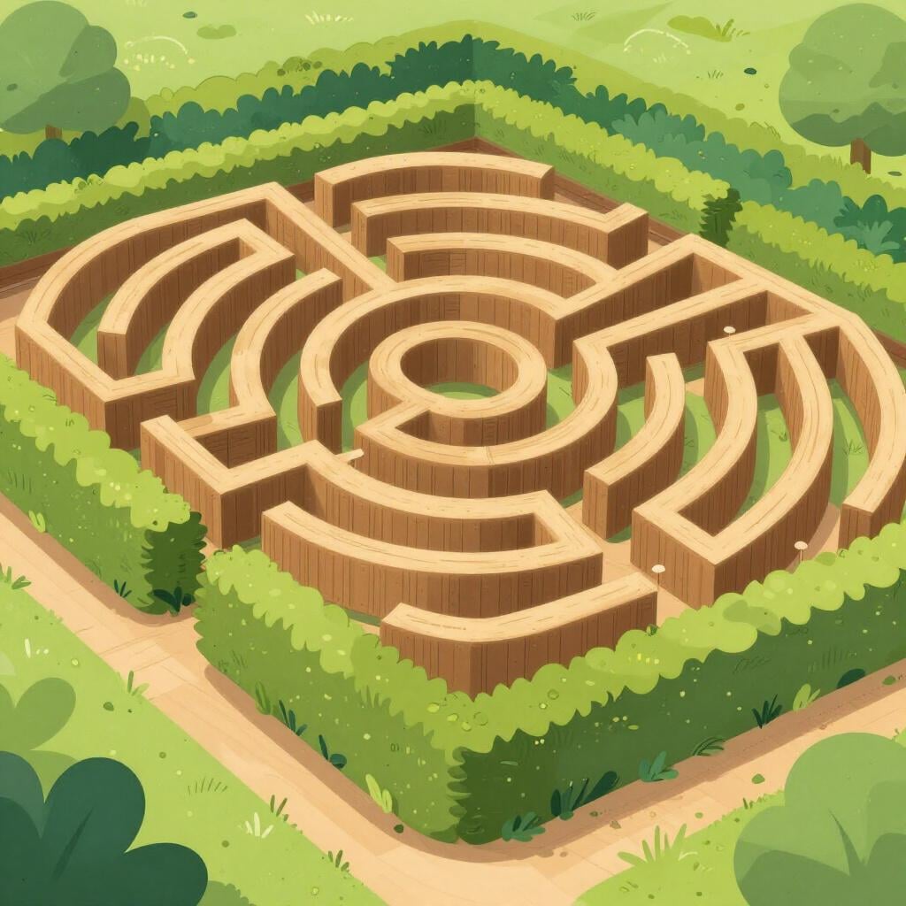 A wooden maze with many confusing paths and dead ends.