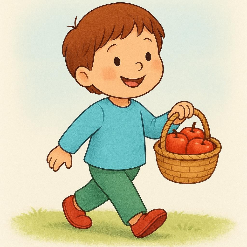 A young person happily carrying a small woven basket filled with red apples, illustrating the act of bringing a physical object.