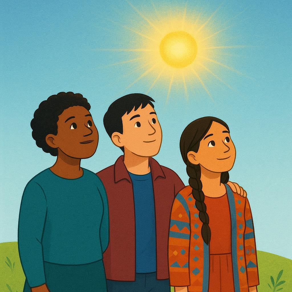 Three diverse people standing together, looking upward with expressions of hope and conviction toward a single, brilliant, golden light in the sky, symbolizing shared belief or faith.