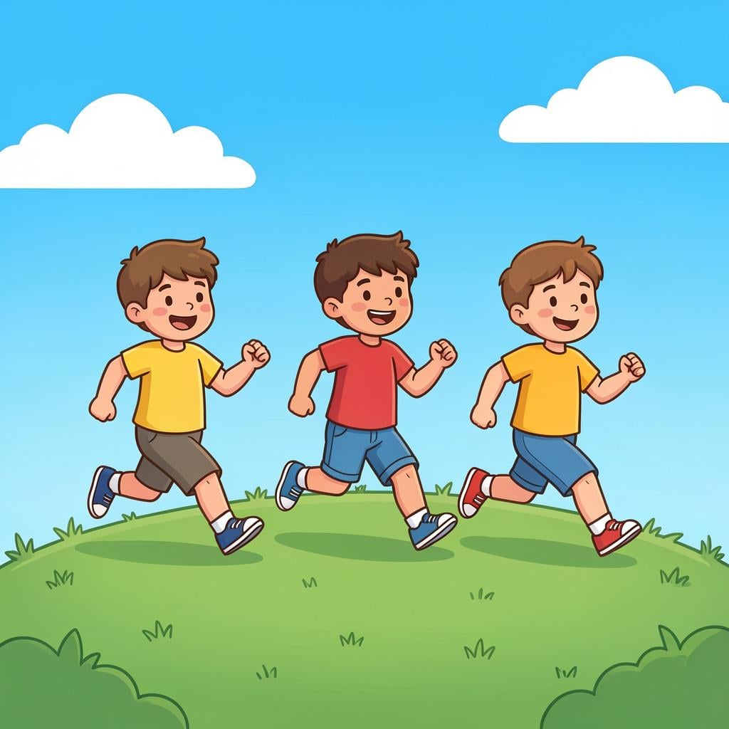 A group of children running happily across a green field.