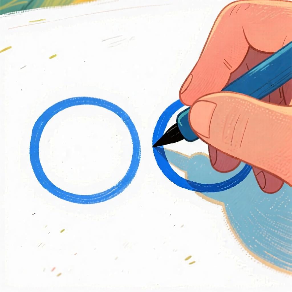 A hand drawing the same simple blue circle shape twice in a row on a white surface.