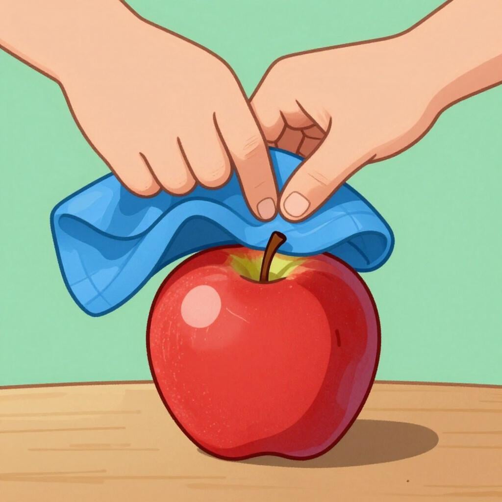 A hand lifting a blue cloth to reveal a red apple underneath.
