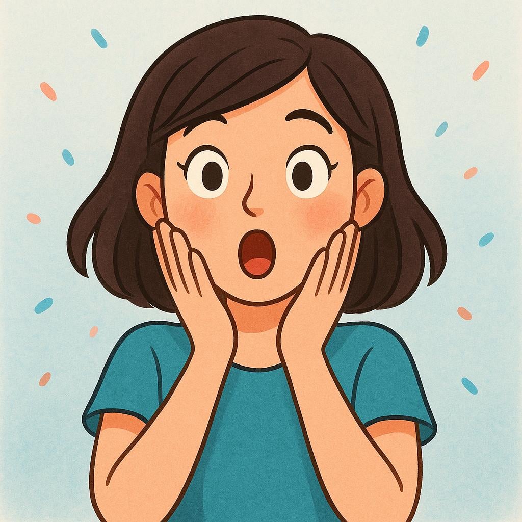A young woman with wide eyes and an open mouth, holding her hands near her face in a clear gesture of astonishment.