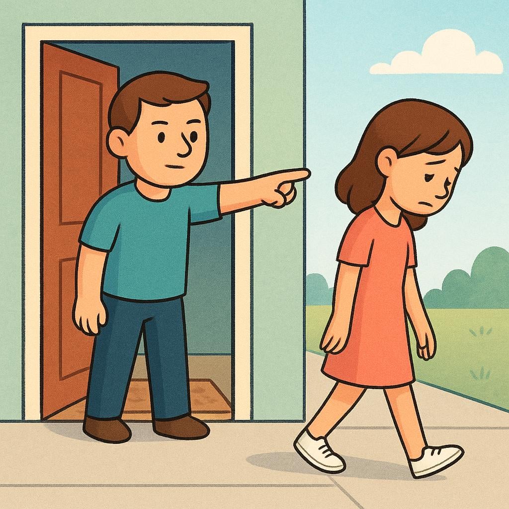 One cartoon character standing in a doorway, firmly pointing outward, gesturing for a second character, who is walking away from the house, to leave.