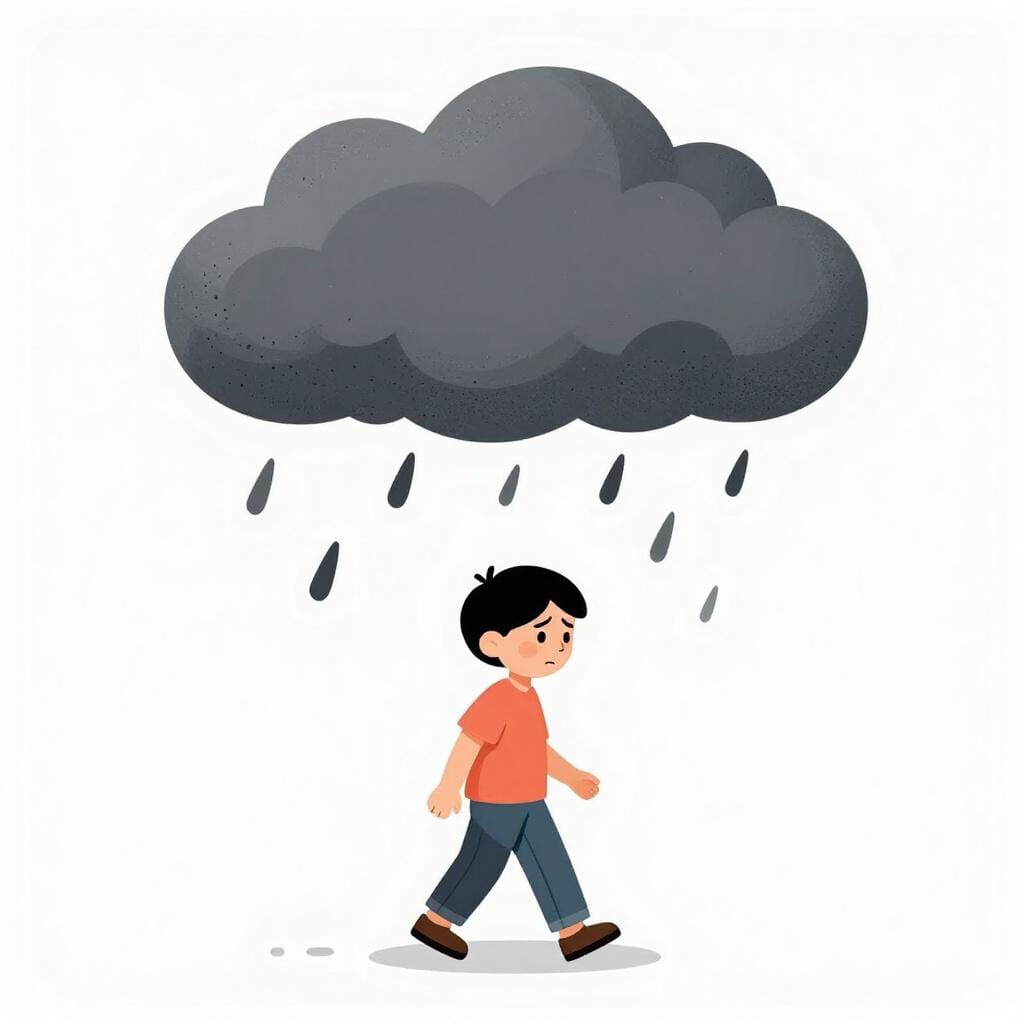 A person walking while a small, dark rain cloud hovers directly over them, making them look worried.