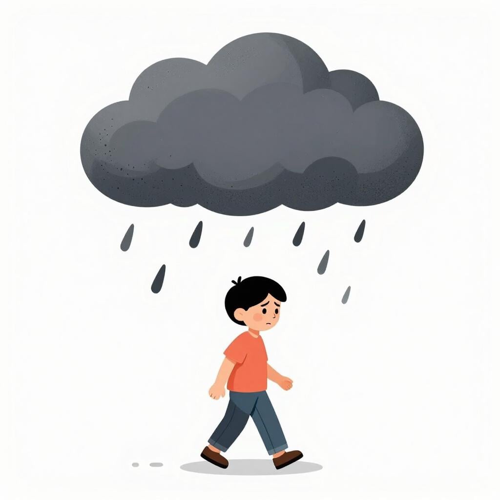 A person walking while a small, dark rain cloud hovers directly over them, making them look worried.