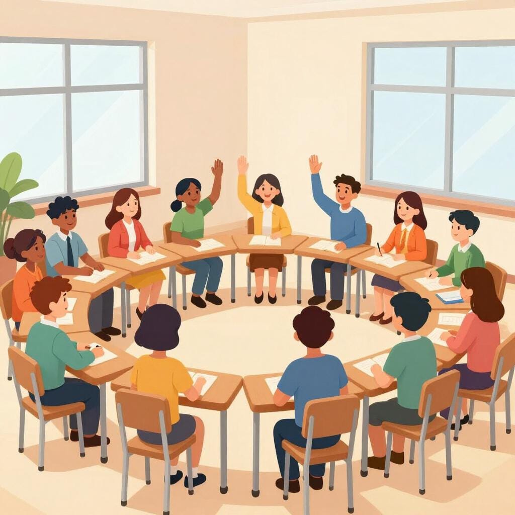 A group of diverse people sitting in a semi-circle of desks, appearing to discuss and vote.