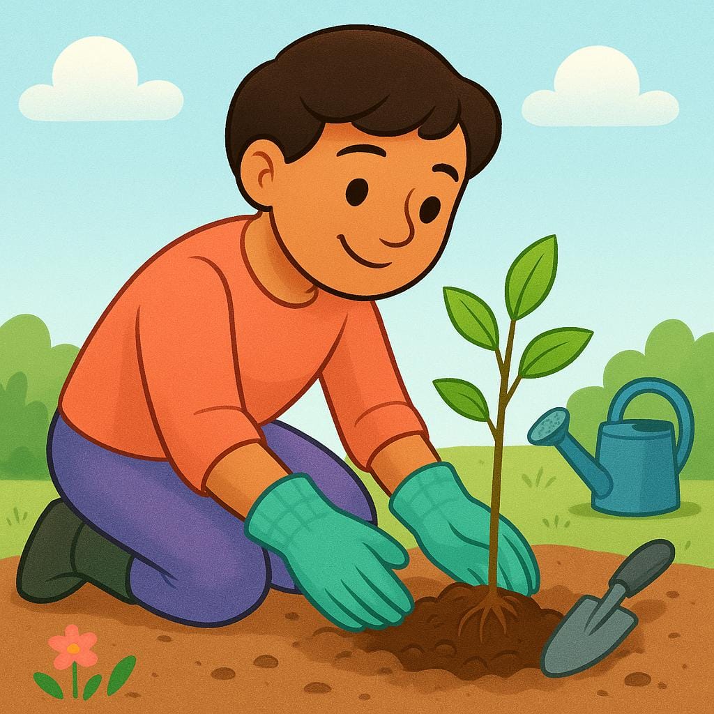 A person wearing gardening gloves enthusiastically planting a young sapling into the earth, symbolizing commitment to a cause.