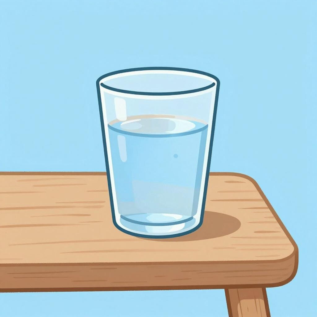 A single glass of clean, clear water sitting on a simple wooden table.