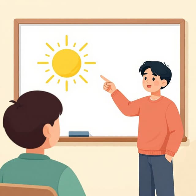 A storybook illustration of an adult pointing at a simple drawing of a sun on a whiteboard, clearly explaining a concept to a child who is listening attentively and nodding.