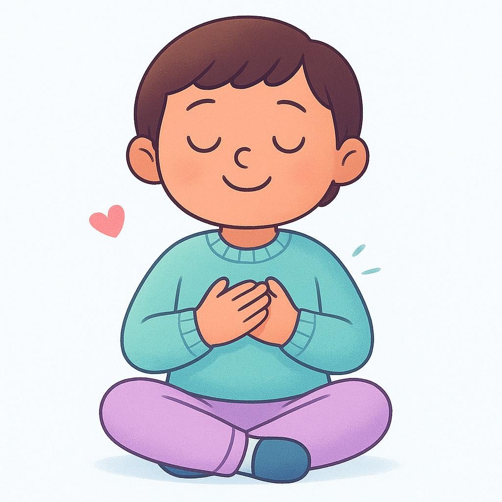 A happy child sitting quietly, placing both hands over their chest and smiling serenely, illustrating a feeling of internal contentment and peace.
