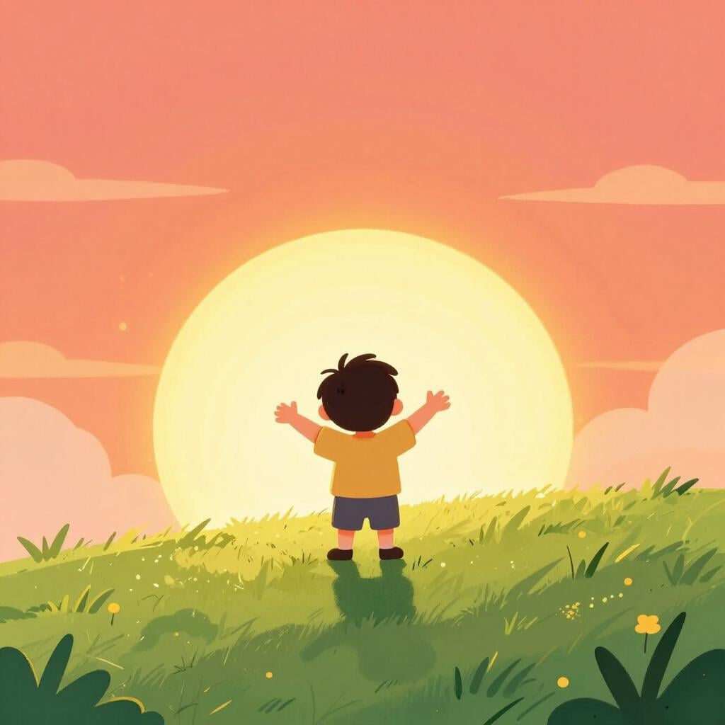 A child standing on a hilltop looking at a bright, glowing sunrise with arms outstretched, feeling motivated.
