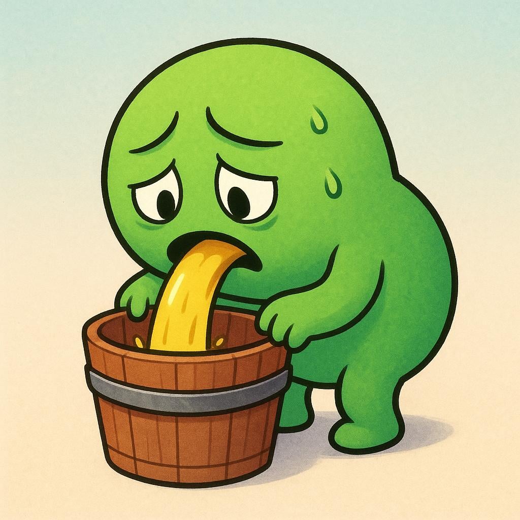 A simple illustration of a small, green creature leaning over a wooden bucket, clearly throwing up a stream of yellow liquid.