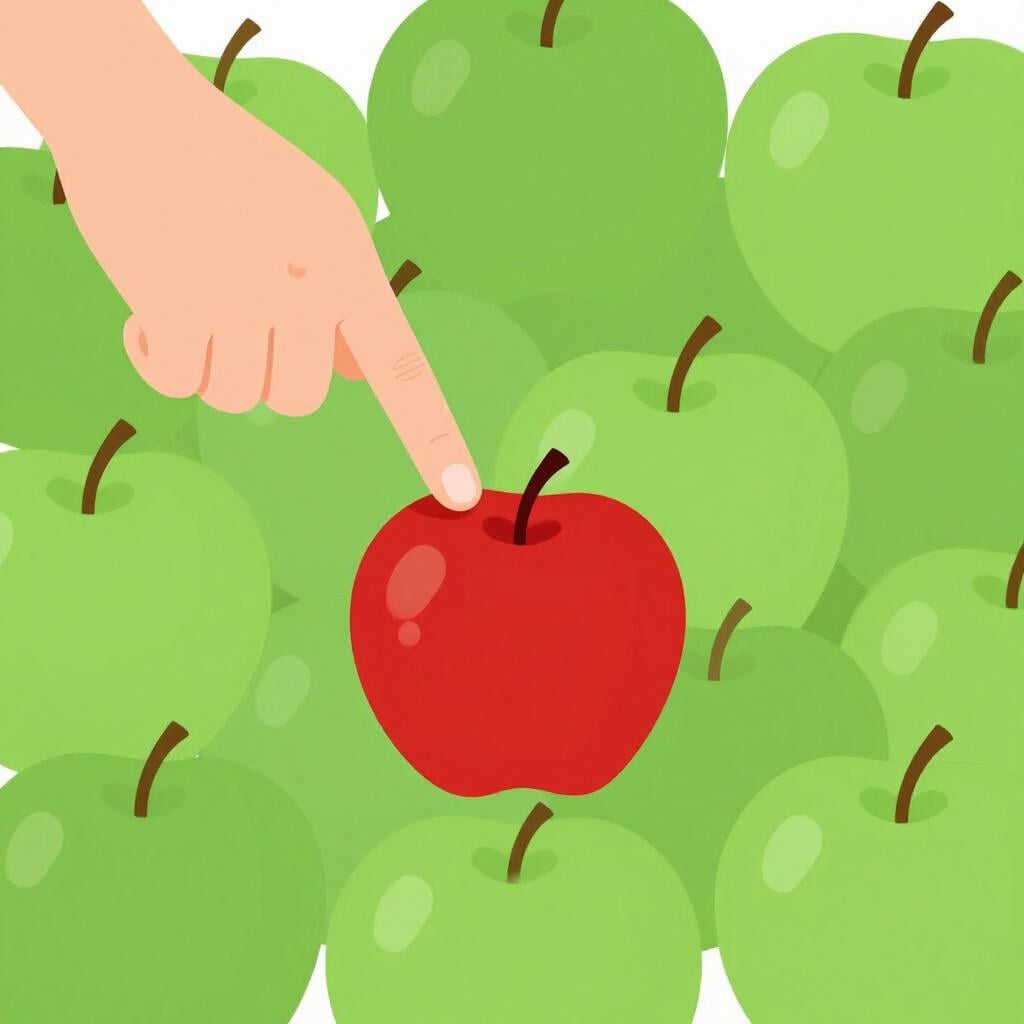 A person pointing a finger at one specific red apple in a basket of green apples.