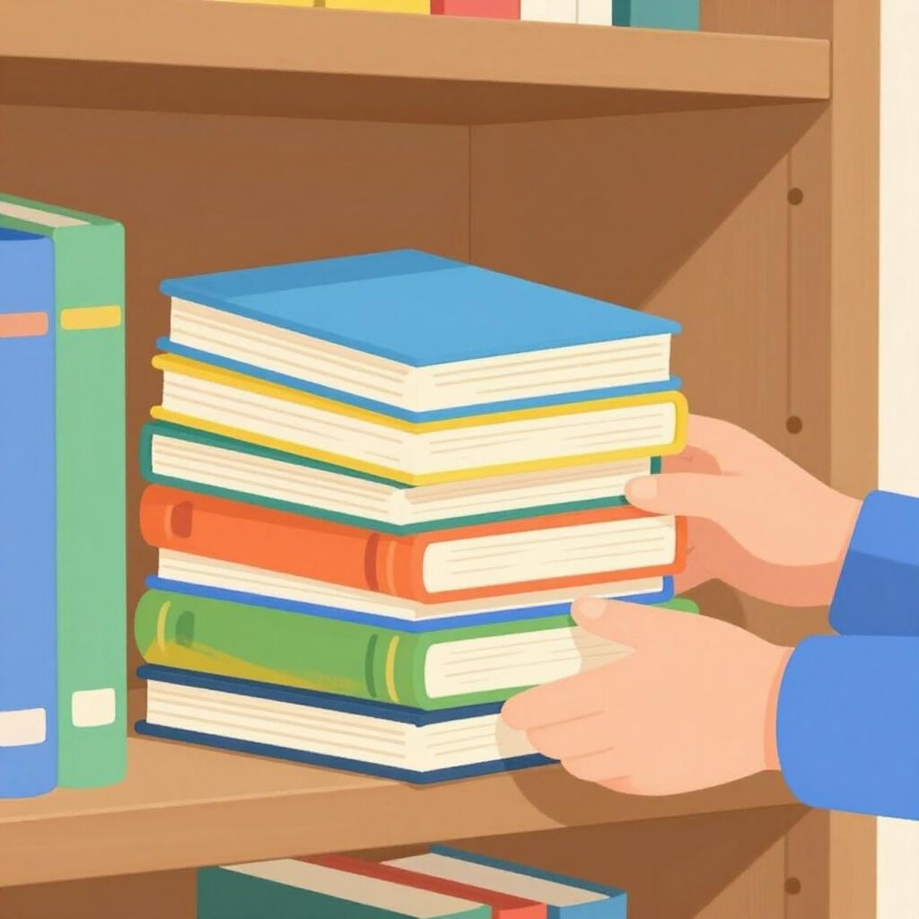 A stack of freshly printed, colorful books being placed onto a bookstore shelf.