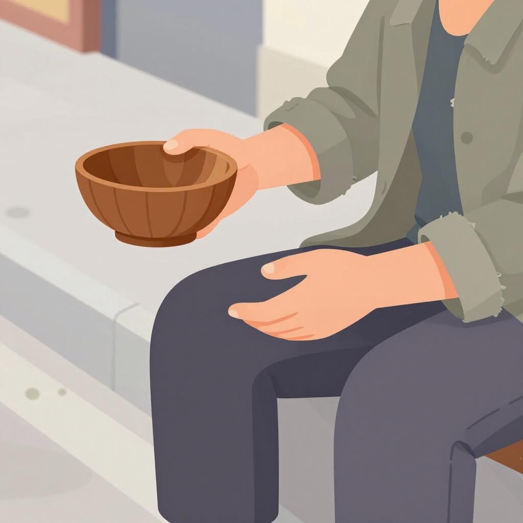 Une personne assise sur un trottoir, tendant un bol en bois vide.