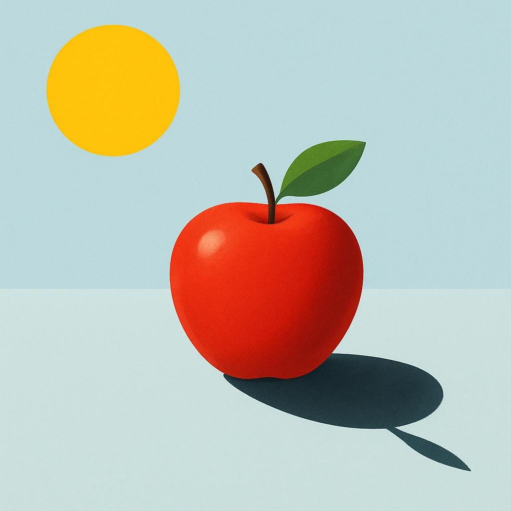 A red apple casting a long, sharp, dark shadow on a light blue ground under a bright, sunny light source.
