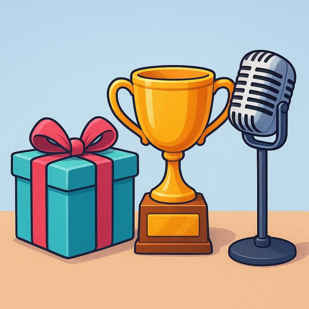A collection of objects symbolizing different types of events: a brightly wrapped gift box, a shiny golden trophy, and a microphone on a stand.