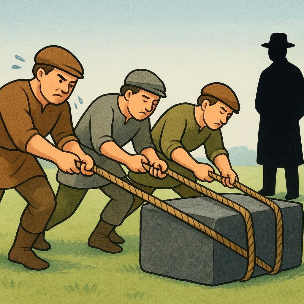 Une illustration de livre d'histoires montrant trois personnages aux vêtements simples et ternes tirant un lourd bloc de pierre avec des cordes, illustrant le travail forcé. Un seul surveillant se tient près d'eux.