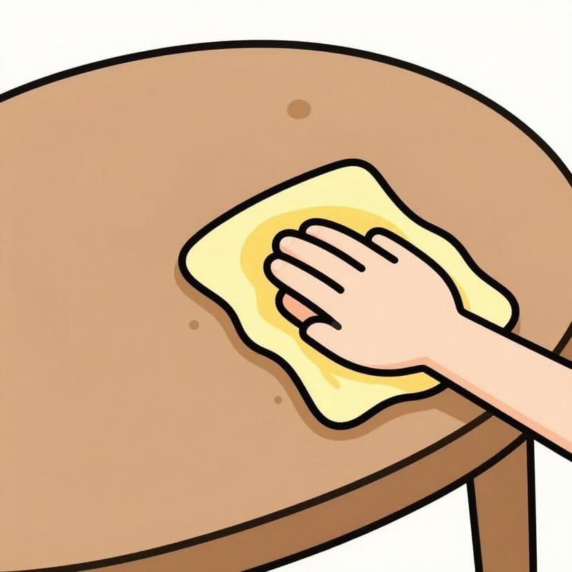 笑顔の人が湿った布で汚れた木製のテーブルを拭き、その下にきれいな面が現れている様子。