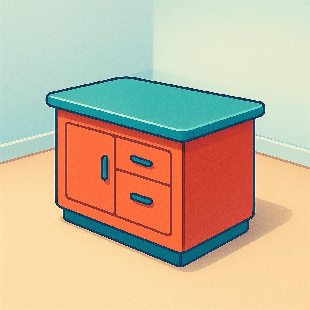 A modern, rectangular wooden kitchen counter standing alone in the center of a clean, empty room.