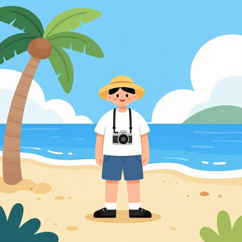 Un viaggiatore con una macchina fotografica e un cappello da sole che guarda una spiaggia tropicale con palme.