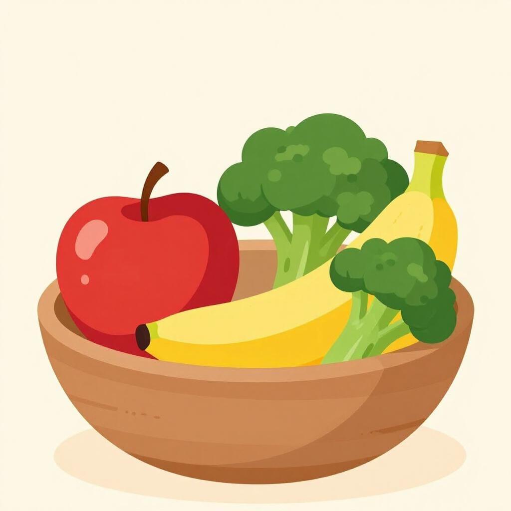 A colorful arrangement of fresh fruits and vegetables, including a red apple, a bright orange, and a green broccoli floret.