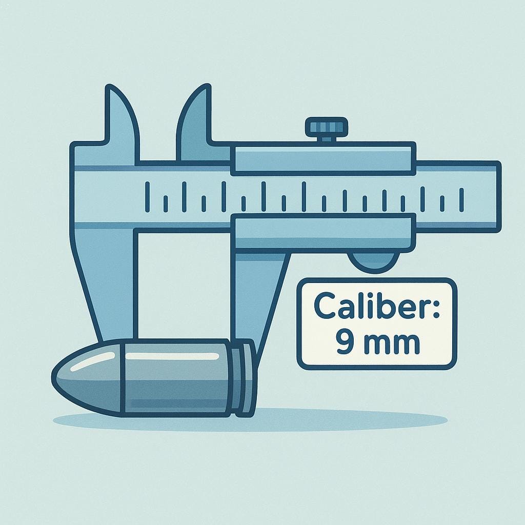A close-up illustration of a single metallic bullet resting horizontally. A simplified, stylized measuring caliper is positioned around the bullet, clearly indicating its diameter.