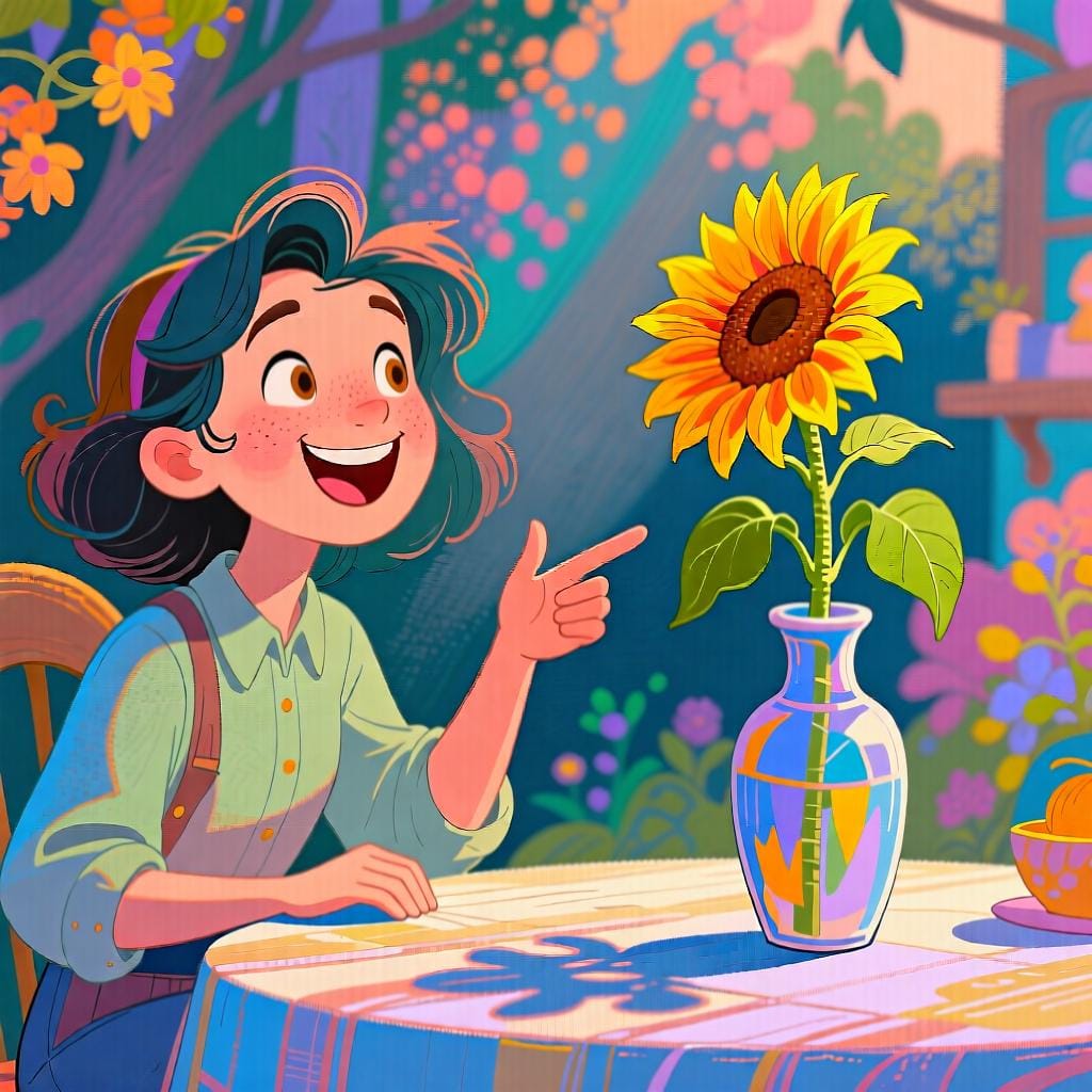 Une personne souriant chaleureusement et pointant un seul beau tournesol dans un vase, indiquant qu'elle l'aime bien.