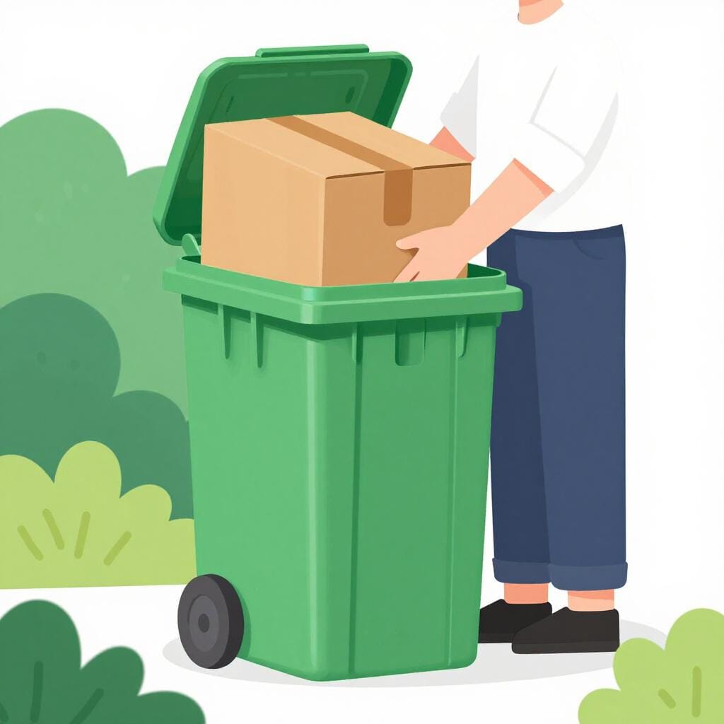 Een persoon die een oude, stoffige kartonnen doos in een grote, externe recyclingcontainer plaatst.