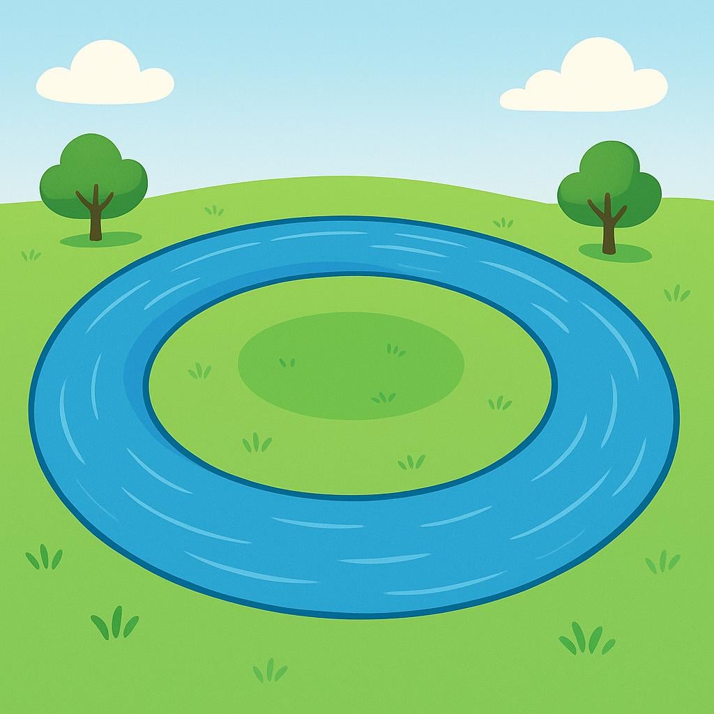 A calm blue river flowing in a perfect, continuous circular loop through a bright green field, symbolizing eternity.