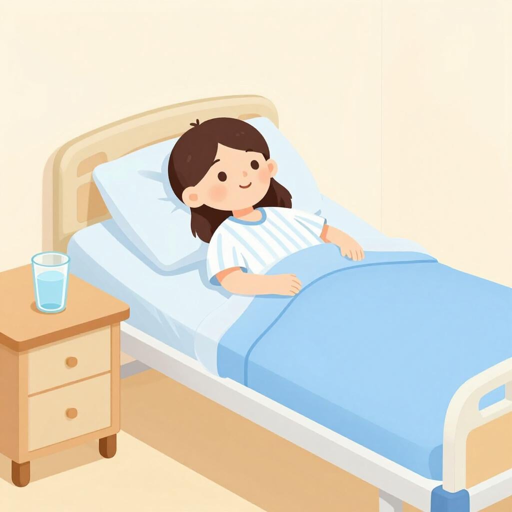 A person resting comfortably in a clean hospital bed with a small bedside table and a window.