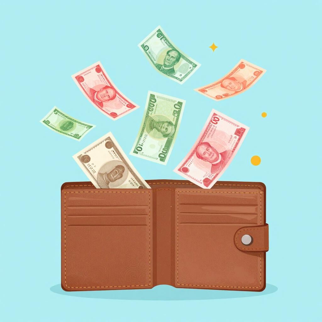 Eine Hand, die eine Brieftasche mit vielen bunten Geldscheinen hält, die daraus in den Wind fliegen.