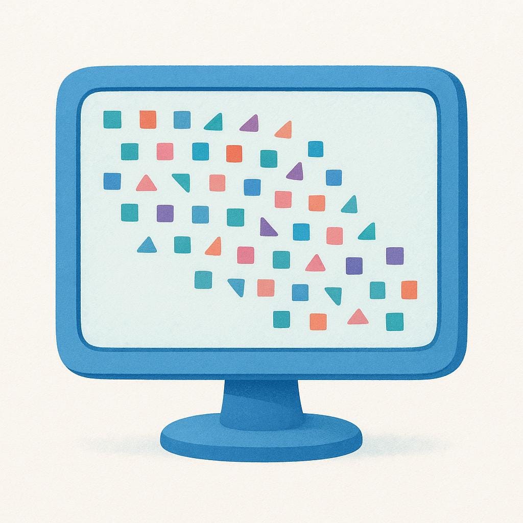 A glowing blue computer screen displaying structured abstract shapes like small squares and triangles flowing in an organized pattern, representing digital information.