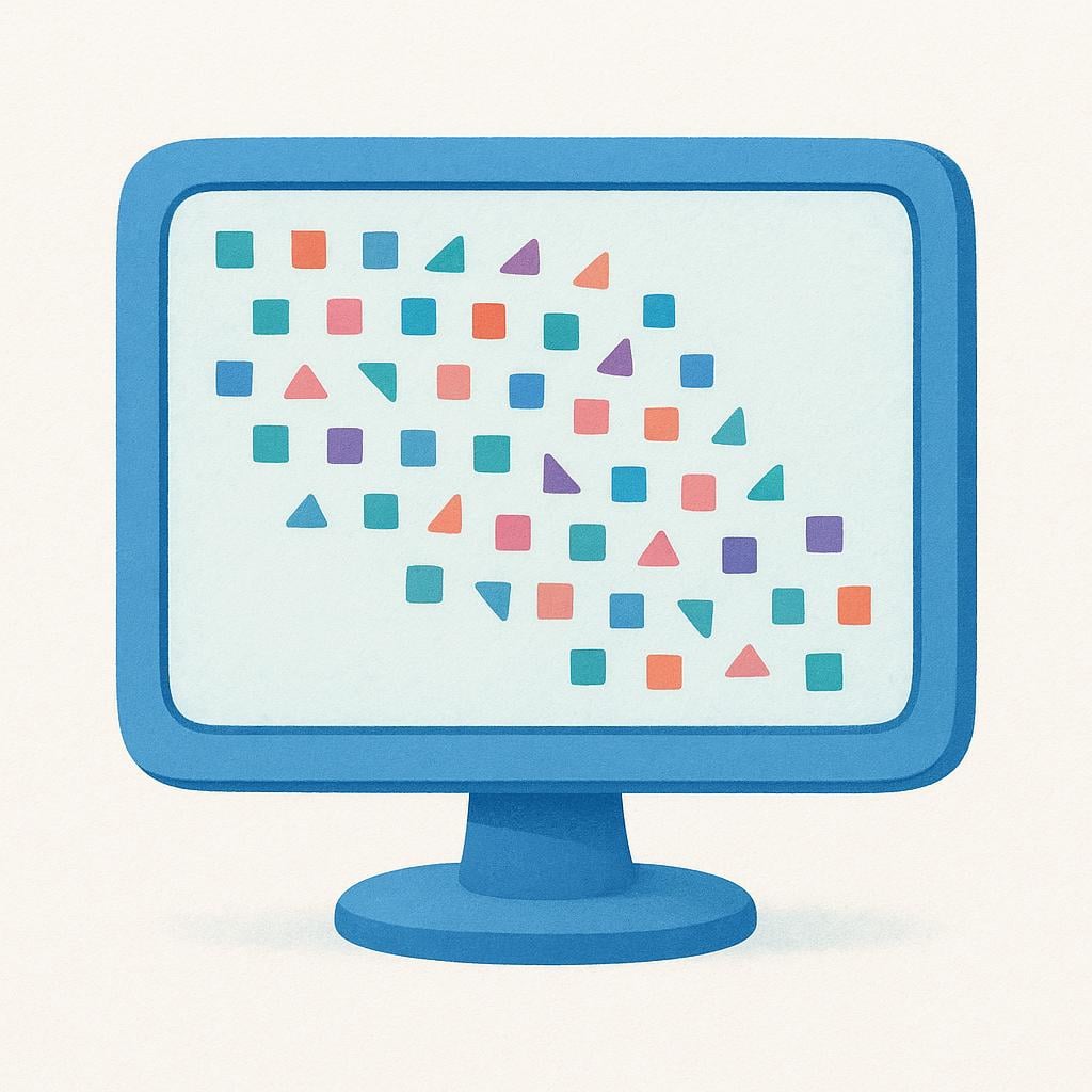 A glowing blue computer screen displaying structured abstract shapes like small squares and triangles flowing in an organized pattern, representing digital information.