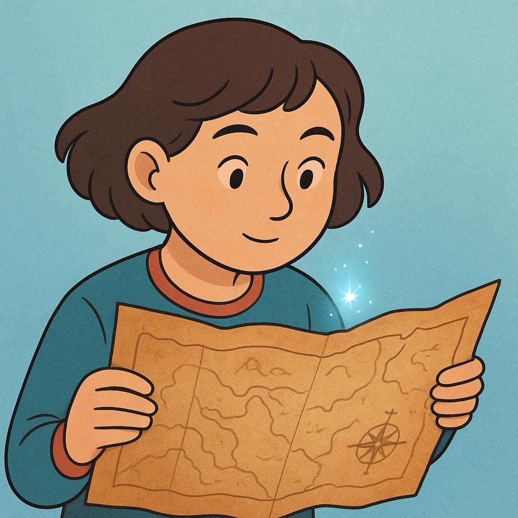 A person looks intently at an ancient map spread out on a table. A small, glowing spark of curiosity visibly floats from the map toward the person's face.