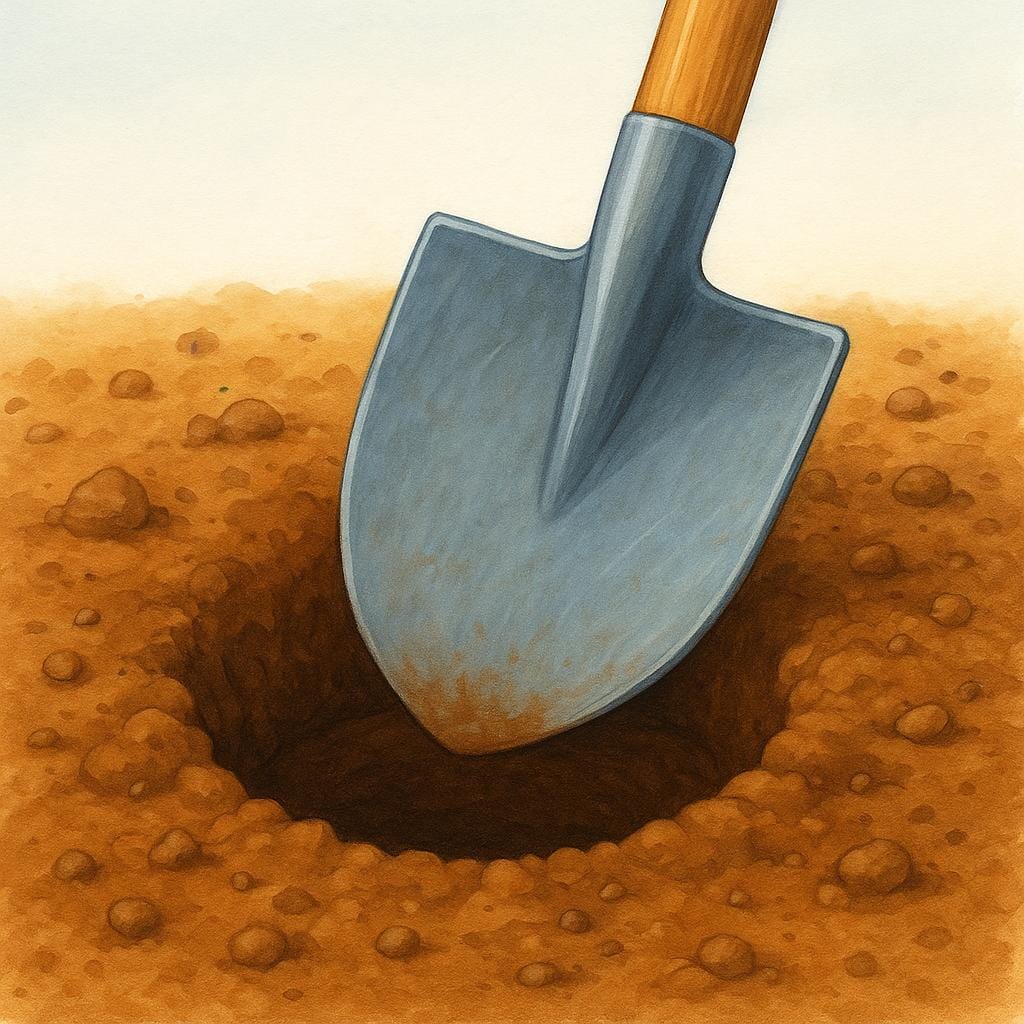 A silver shovel digging into brown earth to create a deep hole.