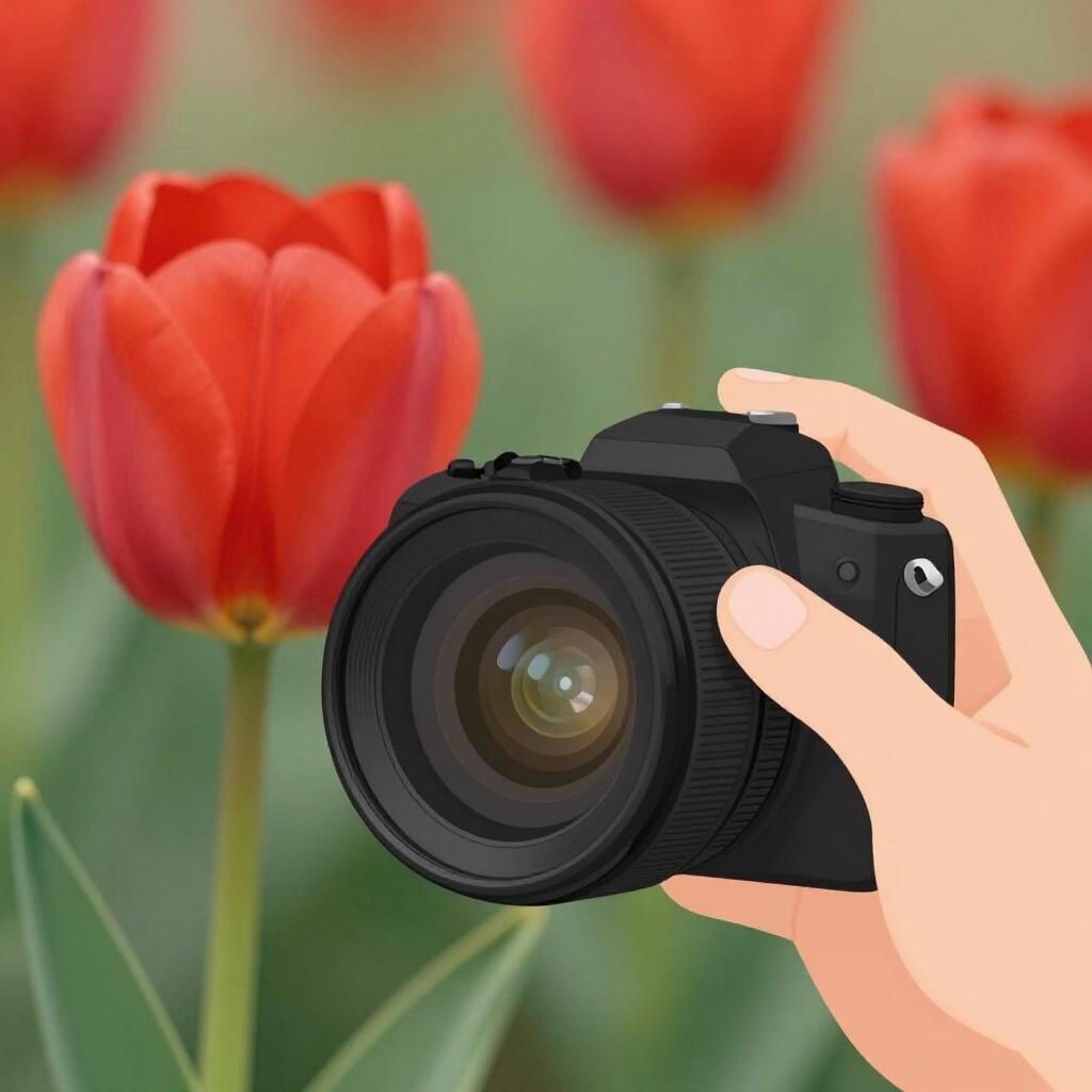 A close-up of a person's eye looking through a camera lens, with the lens adjusting to make a distant flower appear sharp and clear.