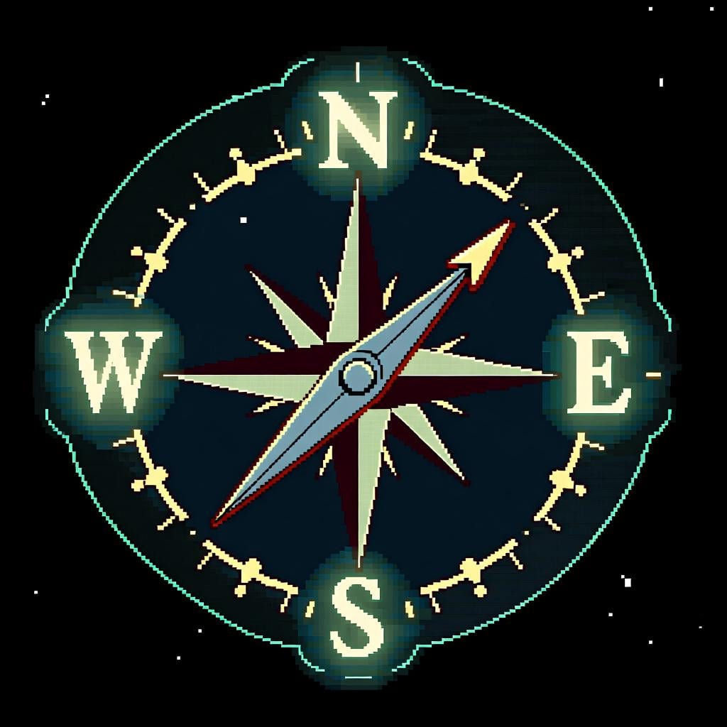 An old-fashioned compass with the letter 'E' for East slightly glowing.