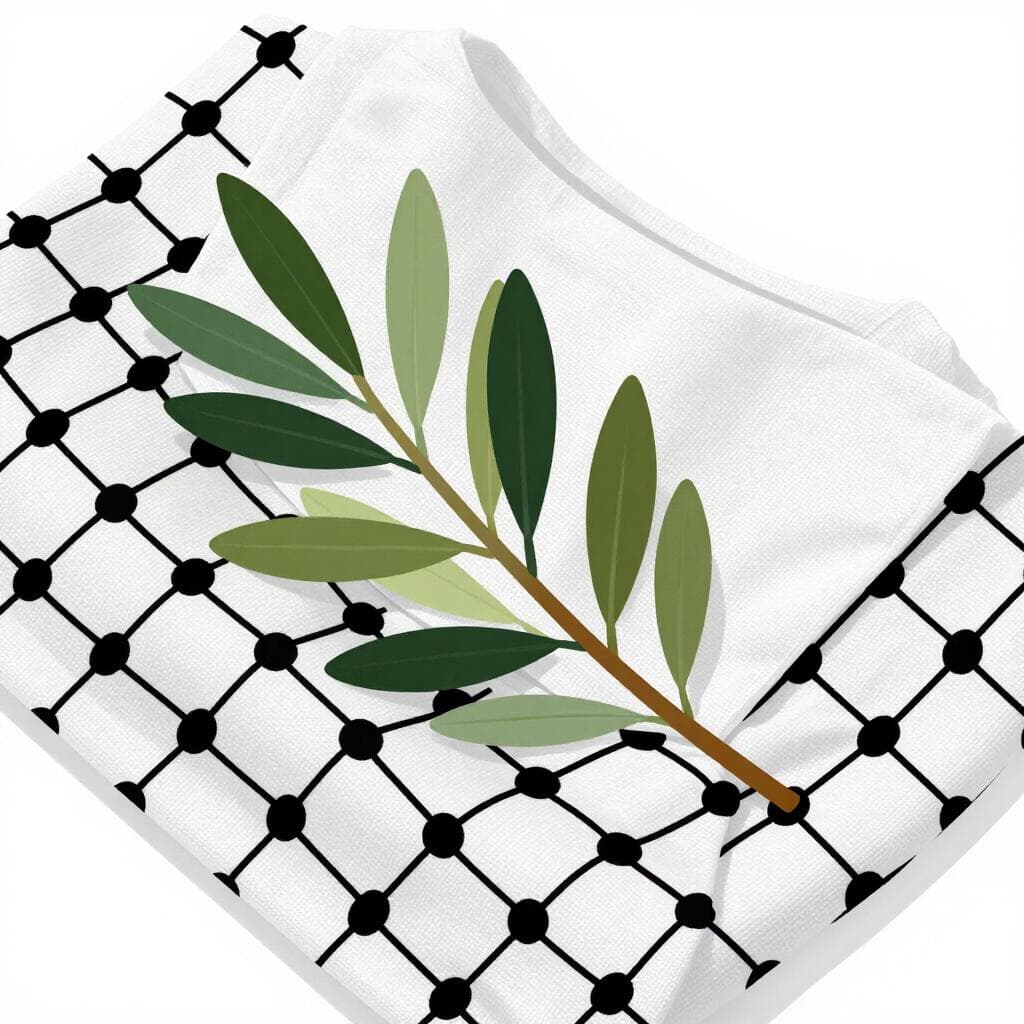 Un primo piano di un motivo tradizionale di kofia con rami d'ulivo e terra.