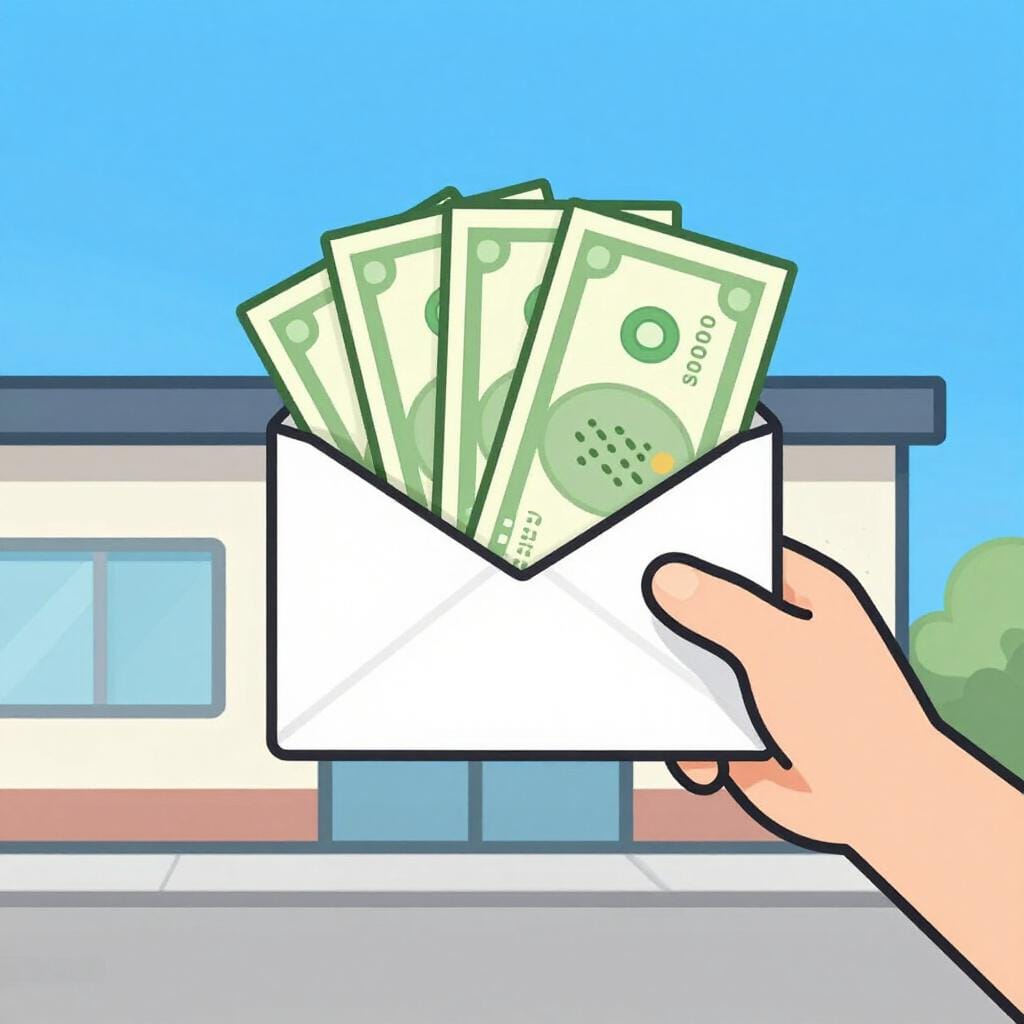 A person in a suit happily holding a thick envelope of money after leaving an office building.