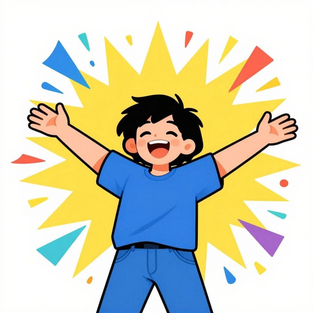 A person with a joyful expression and arms wide open, surrounded by bright, exploding colorful sparks representing a sudden burst of emotion.