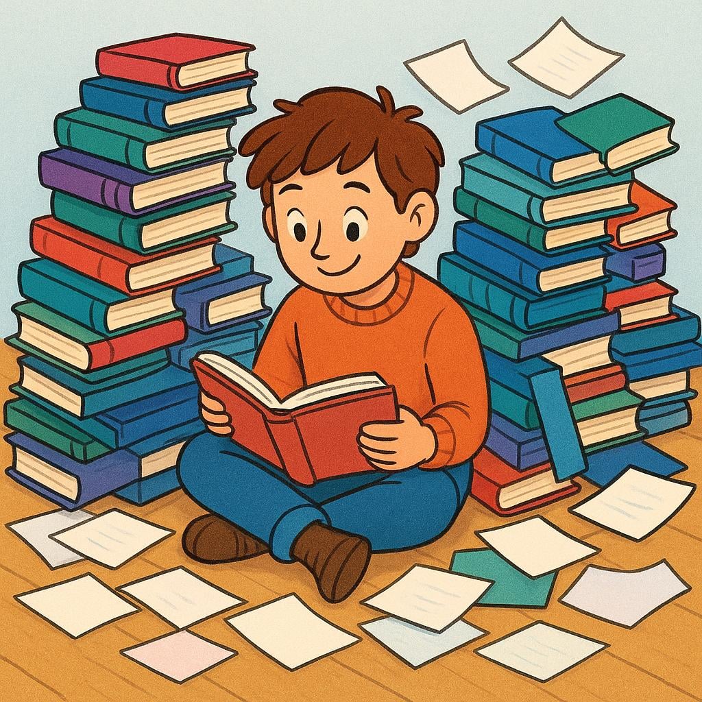 A cheerful person sitting cross-legged on the floor, completely surrounded by towering stacks of colorful books and papers, concentrating intently on a book in their hands.